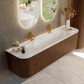 Mondiaz Kurve-dlux 170cm badmeubel ronding links/rechts walnut met 1 lade en 2 deuren en wastafel big large midden 2 kraangaten glace