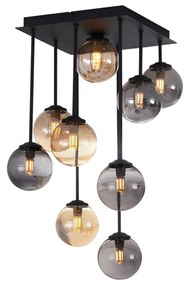 Moderne plafondlamp zwart met amber en smoke glas 9-lichts - Athens