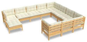 vidaXL 11-delige Loungeset met crèmekleurige kussens grenenhout