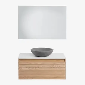 Tedrik Badkamermeubelset In Essenhout Ash Brown & Rond Grijs Cement Ø40 Cm Tarsis & Rechthoekige Led En Anticondens 100x70 Cm Tamsin & Zonder Kraan -