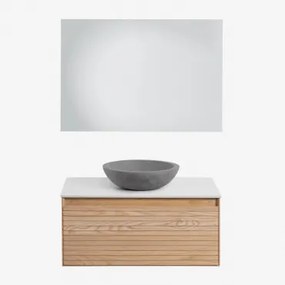 Tedrik Zwevend Badkamermeubelset 80x50 Cm In Essenhout Ash Brown & Rond Grijs Cement Ø40 Cm Tarsis & Rechthoekige Led En Anticondens 100x70 Cm - Sklum