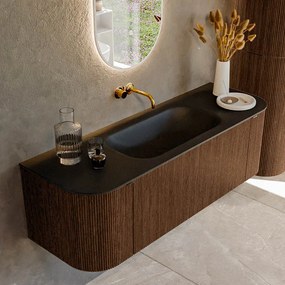 Mondiaz Kurve 140cm badmeubel ronding links/rechts walnut met 1 lade en 2 deuren en wastafel big small midden zonder kraangat urban