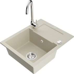 Mexen Enzo granitische spoelbak met 1 bak, afdruiprek en keukenkraan Telma, beige - 6506-69-670200-00