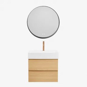 Badkamermeubelset Van Hout En Essenhoutfineer Met Geïntegreerde Wastafel Ona Natuurlijk Hout & Round Led And Antifog Zwart Ø80 - Sklum
