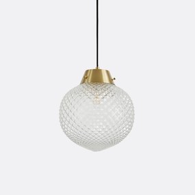 Hanglamp in gebeiteld glas en used messing