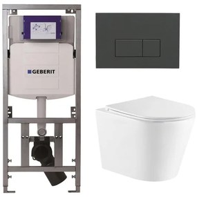 QeramiQ Dely Toiletset - 36.3x51.7cm - diepspoel - rimless - Geberit UP320 inbouwreservoir - met Burda frame - softclose toiletzitting - bedieningsplaat antraciet mat - rechtehoekige knoppen - wit glans SW1159504/0701131/SW1102377/SW1026255