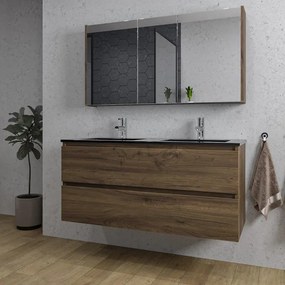 Adema Chaci Badkamermeubelset - 120x46x57cm - 2 keramische wasbakken zwart - 2 kraangaten - 2 lades - Spiegelkast - noten (hout) SW761657/SW812073/SW1212818/SW1212779