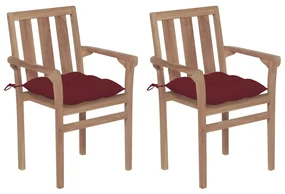 vidaXL Tuinstoelen 2 st met wijnrode kussens massief teakhout