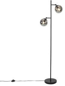 Art Deco vloerlamp zwart met smoke glas 2-lichts - Pallon