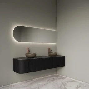 Gliss Design Alluro badmeubel ribbelfront met ronding links 180cm black en zwart leisteen toppaneel
