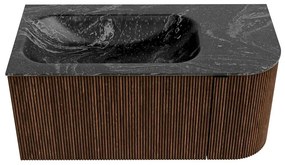 Mondiaz Kurve-dlux 95cm badmeubel ronding rechts walnut met 1 lade en deur en wastafel big small links zonder kraangat lava