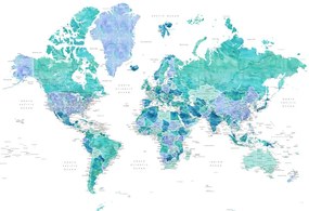 Kaart Aquamarine and blue watercolor detailed world map, Blursbyai