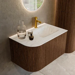 Mondiaz Kurve-dlux 75cm badmeubel ronding links walnut met 1 lade en deur en wastafel grunne kraangat rechts opalo