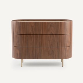 Notenhouten en met leer gefineerde ladekast met 3 laden, Aslen