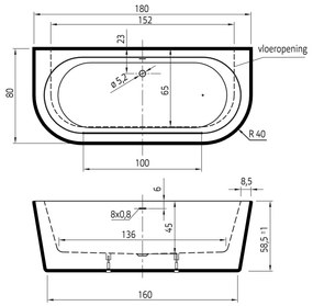 Xenz Charley half vrijstaand bad acryl 180x80x60 zwart mat met badvulcombinatie zwart mat