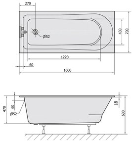 Polysan Lisa Slim ligbad 160x70x47cm wit