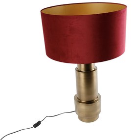 Tafellamp brons velours kap rood met goud 50 cm - Bruut Art Deco E27 rond Binnenverlichting Lamp