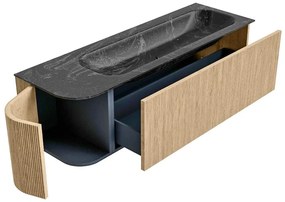 Mondiaz Kurve-dlux 145cm badmeubel ronding links oak met 1 lade en deur en wastafel big large rechts zonder kraangat lava