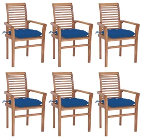 vidaXL Eetkamerstoelen 6 st met blauwe kussens massief teakhout