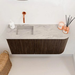 Mondiaz Joya DLux 80cm toiletmeubel ronding rechts walnut met wastafel faye links zonder kraangat glace