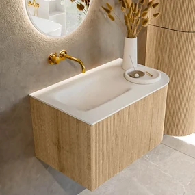 Mondiaz Kurve 75cm badmeubel ronding rechts oak met 1 lade en deur en wastafel grunne links zonder kraangat