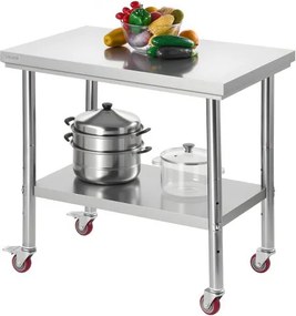 VEVOR RVS werktafel/keukentafel (90 x 60 cm) voor voedselbereiding met wielen, voorbereidingstafel met verstelbare onderplank voor commerciële keukens, restaurants, hotels, garages en buitengebruik