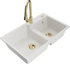 Mexen Tomas granieten gootsteen met 2 kamers en keukenmengkraan Elia, wit - 6516-20-670101-50