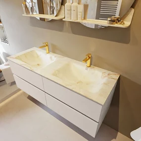 Mondiaz Vica DLux badmeubel 130cm linen 4 lades met wastafel frappe dubbel 2 kraangaten