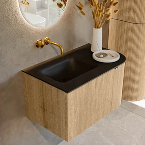 Mondiaz Kurve 75cm badmeubel ronding rechts oak met 1 lade en deur en wastafel grunne links zonder kraangat urban