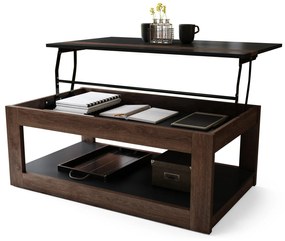 LUSSO Zwart mat/Bruine Eik - MODERNE SALONTAFEL MET VERHOOGD BLAD + OPBERGRUIMTE + SCHAP (OP WIELEN!)