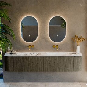 Mondiaz Kurve-dlux 200cm badmeubel ronding links/rechts shadow met 2 lades en deuren en wastafel stor small dubbel zonder kraangat glace