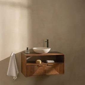 Badkamermeubelset Van Mangohout Baty Mangohout & Rond Cement Wit Ø40 Cm Zavion & Spiegelloze & Zwart ↑30 Cm Met Aftapkraan Zonder Overloop Alameda -