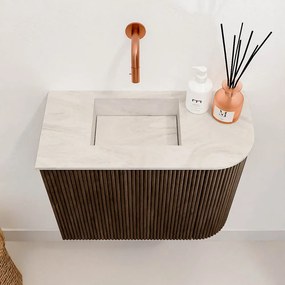 Mondiaz Joya DLux 50cm toiletmeubel ronding rechts walnut met wastafel faye links zonder kraangat ostra