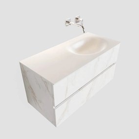 Zaro Sevilla Solid Surface badmeubel 100cm wit marmer zonder kraangat spoelbak rechts met 2 lades