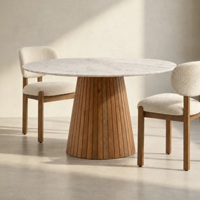 Ronde Eettafel Wit Marmer En Hout - 115 X 115cm.
