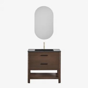 Badkamermeubelset In Hout Met Geïntegreerde Wastafel Misene Donker Hout & Ovaal Met Opbergruimte Zwart 50x90 Cm Oricsa & Geborsteld Goud - Sklum