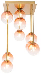 Art Deco plafondlamp goud met roze glas 9-lichts - Athens