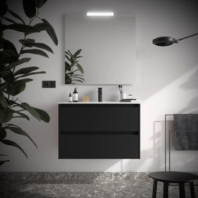 Muebles Project badmeubel 90cm met 2 lades en wastafel zwart mat