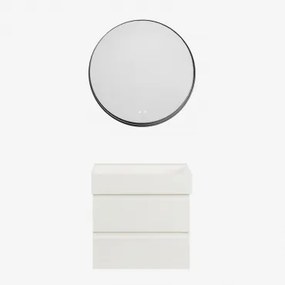 Ona Zwevend Badkamermeubelset Van Hout En Essenfineer Met Geïntegreerde Wastafel Wit & Round Led And Antifog Zwart Ø80 Cm Kimacs & Zonder - Sklum