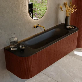 Mondiaz Kurve 150cm badmeubel ronding links/rechts ruby met 1 lade en 2 deuren en wastafel big medium midden zonder kraangat urban