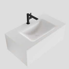 Zaro Lagom volledig naadloos solid surface onderkast 80cm mat wit met 1 lade Push tot open. Compleet met solid surface wastafel met 1 kraangat(en)