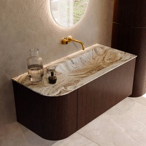 Mondiaz Kurve-dlux 105cm badmeubel ronding links ruby met 1 lade en deur en wastafel big small rechts zonder kraangat glace