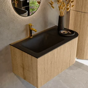 Mondiaz Kurve 85cm badmeubel ronding rechts oak met 1 lade en deur en wastafel cloud kraangat links urban