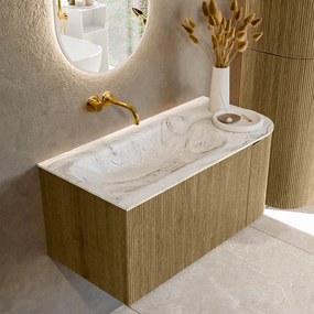Mondiaz Kurve-dlux 95cm badmeubel ronding rechts dusk met 1 lade en deur en wastafel big small links zonder kraangat glace