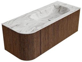 Mondiaz Kurve-dlux 115cm badmeubel ronding links walnut met 1 lade en deur en wastafel big small kraangat rechts glace