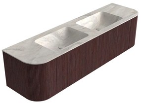 Mondiaz Kurve-dlux 170cm badmeubel ronding links/rechts ruby met 1 lade en 2 deuren en wastafel leaf dubbel zonder kraangat ostra