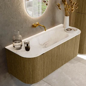 Mondiaz Kurve-dlux 120cm badmeubel ronding links/rechts dusk met 1 lade en 2 deuren en wastafel big small midden zonder kraangat frappe