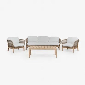 Karvia Tuinset Met 3-zitsbank, 2 Fauteuils En Salontafel In Aluminium En Acaciahout Stof Gardenia Wit - Sklum