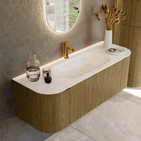 Mondiaz Kurve-dlux 130cm badmeubel ronding links/rechts dusk met 1 lade en 2 deuren en wastafel big small midden 1 kraangat ostra