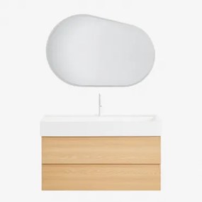 Ona Zwevend Badkamermeubelset Van Hout En Essenfineer Met Geïntegreerde Wastafel Natuurlijk Hout & Ovaal Led En Anticondens 100x80 Cm Riben - Sklum